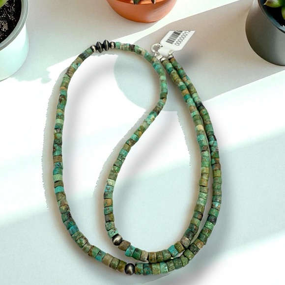 Southwestern Turquoise Heishi Bead Necklace Navajo Sterling Silver Pearls NWT 18 - Picture 1 of 16